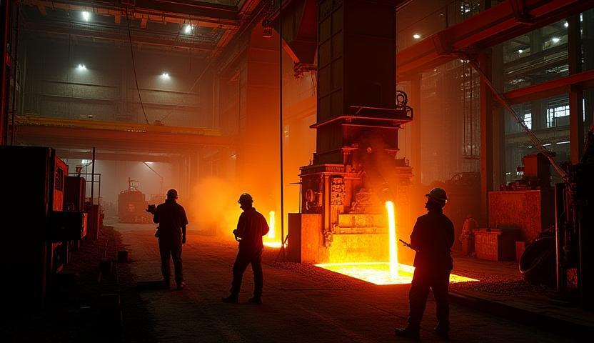 Impianto moderno di produzione acciaio con personale al lavoro